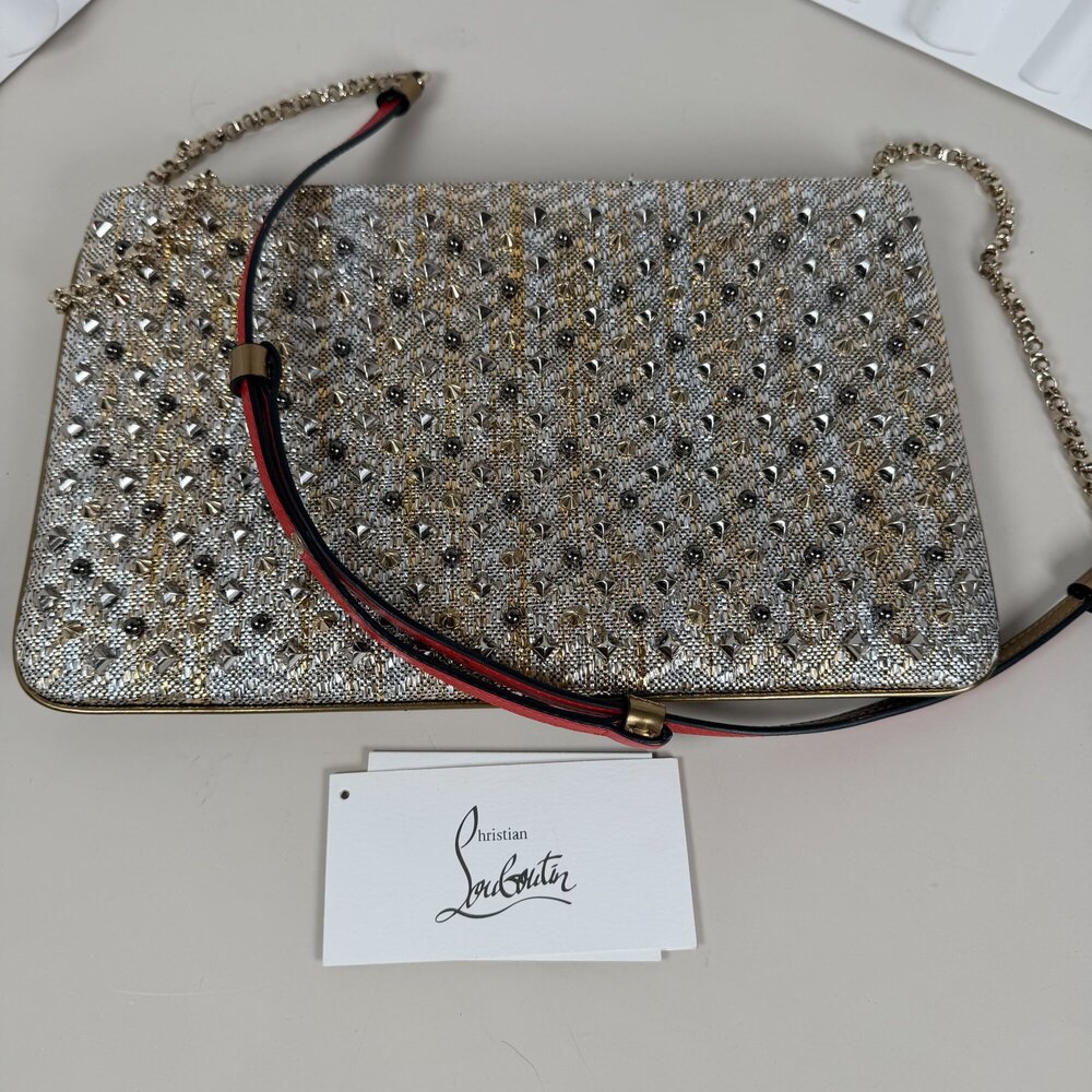Christian Louboutin Loubiposh Spike Metallic Raffia Clutch